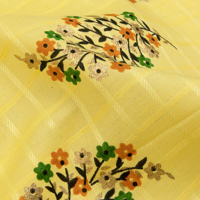 Pastel Yellow Mughal Floral Pattern Foil Screen Print Dobby Cotton Fabric - Fabcurate