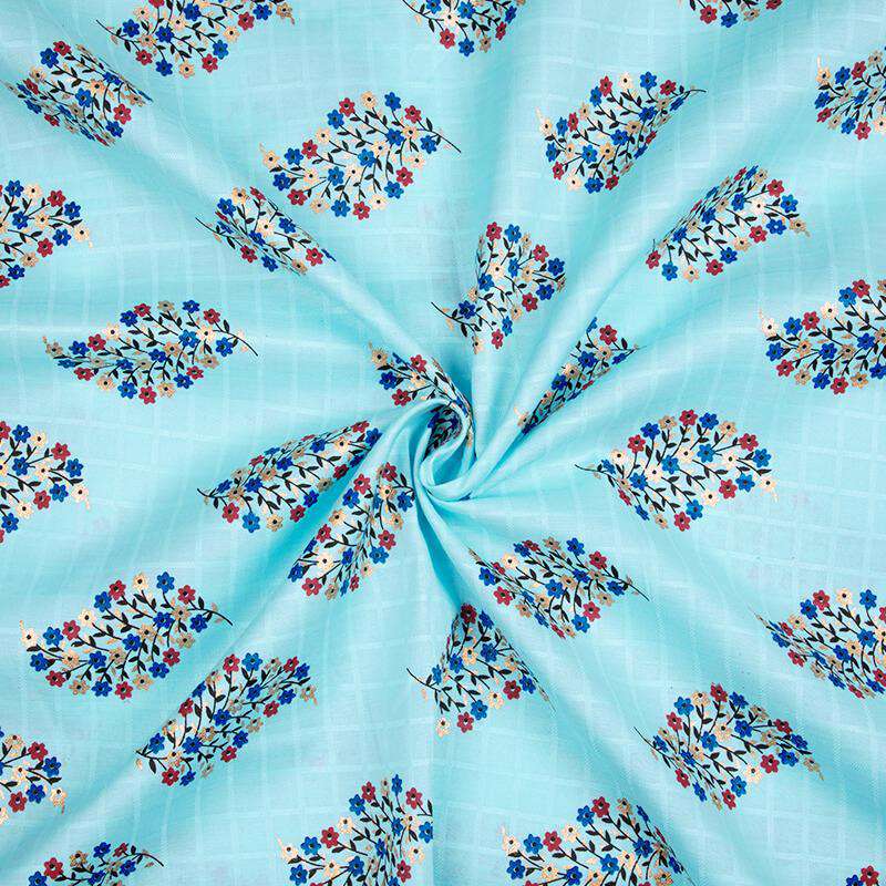 Sky Blue Mughal Floral Pattern Foil Screen Print Dobby Cotton Fabric - Fabcurate