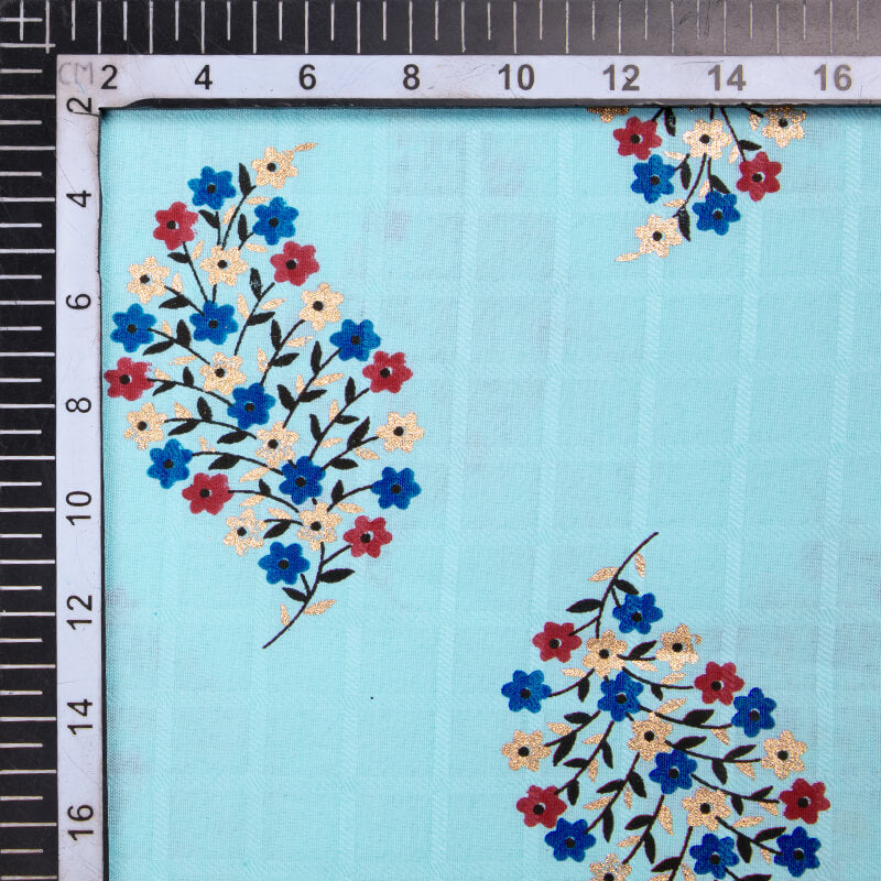 Sky Blue Mughal Floral Pattern Foil Screen Print Dobby Cotton Fabric - Fabcurate