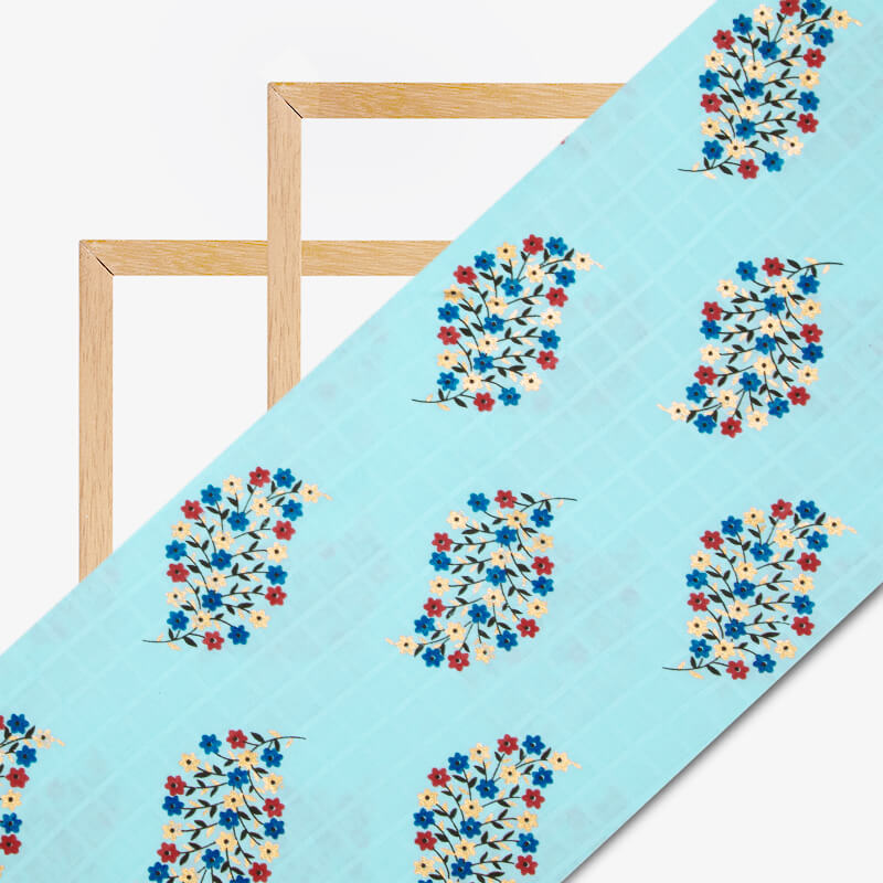 Sky Blue Mughal Floral Pattern Foil Screen Print Dobby Cotton Fabric - Fabcurate