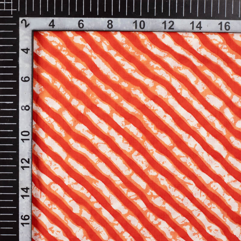 Orange And White Leheriya Pattern Screen Print Cotton Fabric - Fabcurate