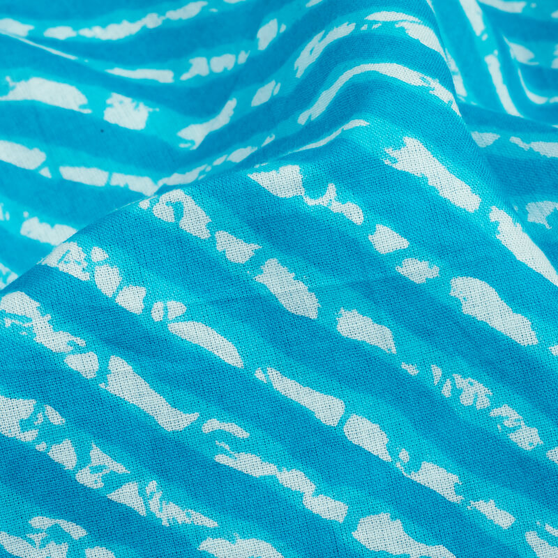 Turquoise Blue And White Leheriya Screen Print Cotton Fabric - Fabcurate