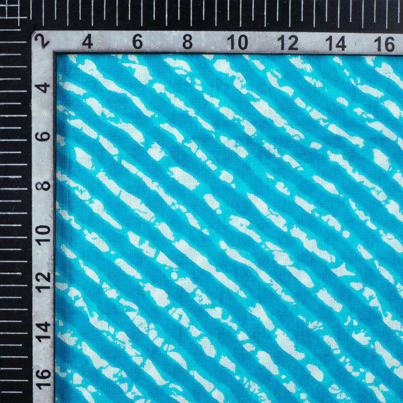 Turquoise Blue And White Leheriya Screen Print Cotton Fabric - Fabcurate