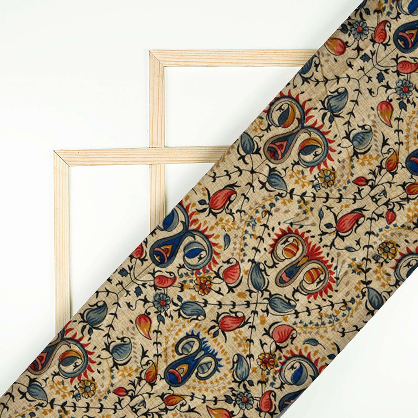 (Pre-Cut 2 Meter) Beige Ethnic Pattern Art Silk Lustrous Fabric - Fabcurate