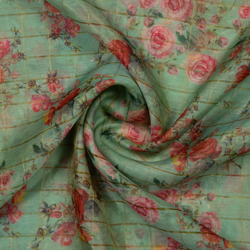 Digital Floral Print Zari Checks Chanderi Feel Fabric