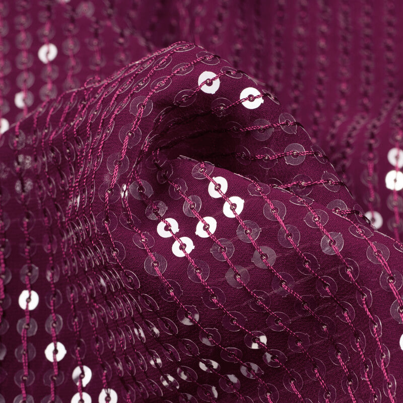 Wine Purple Stripes Pattern Sequince Georgette Fabric - Fabcurate