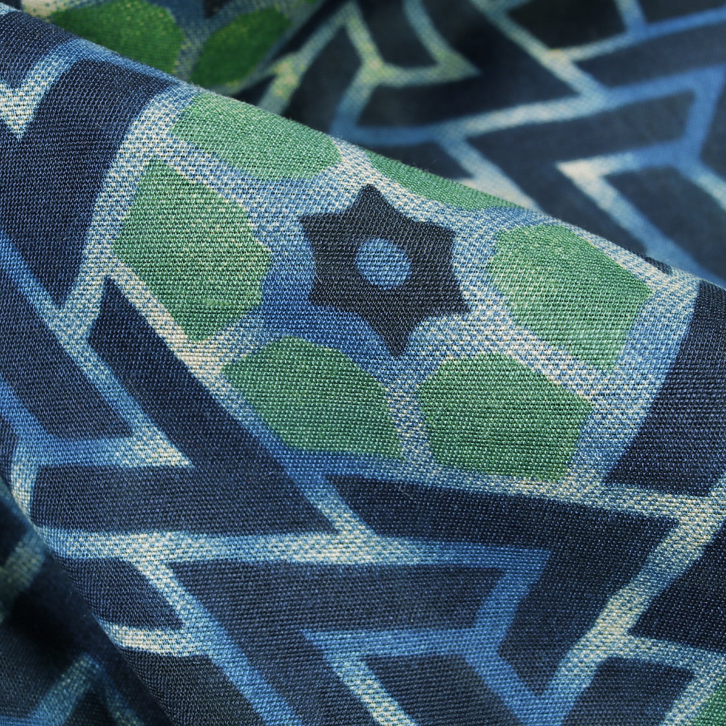 Aegean Blue And Celeste Blue Geometric Pattern Screen Print Chanderi Fabric - Fabcurate