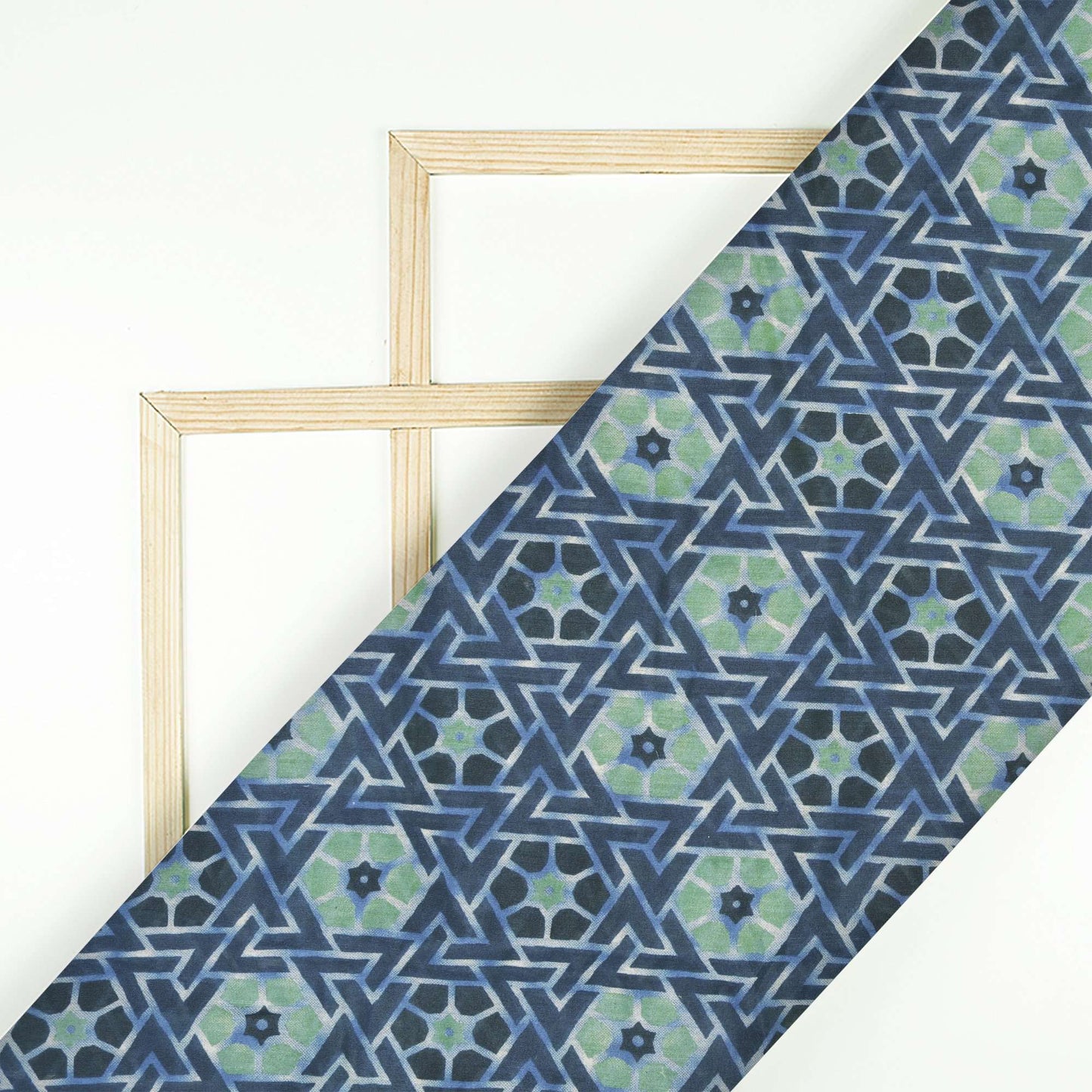 Aegean Blue And Celeste Blue Geometric Pattern Screen Print Chanderi Fabric - Fabcurate