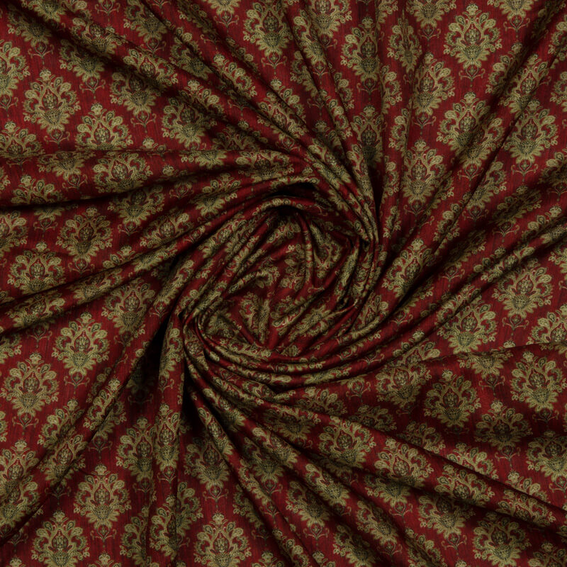 Red Tussar Poly Muslin Fabric With Ethnic Print