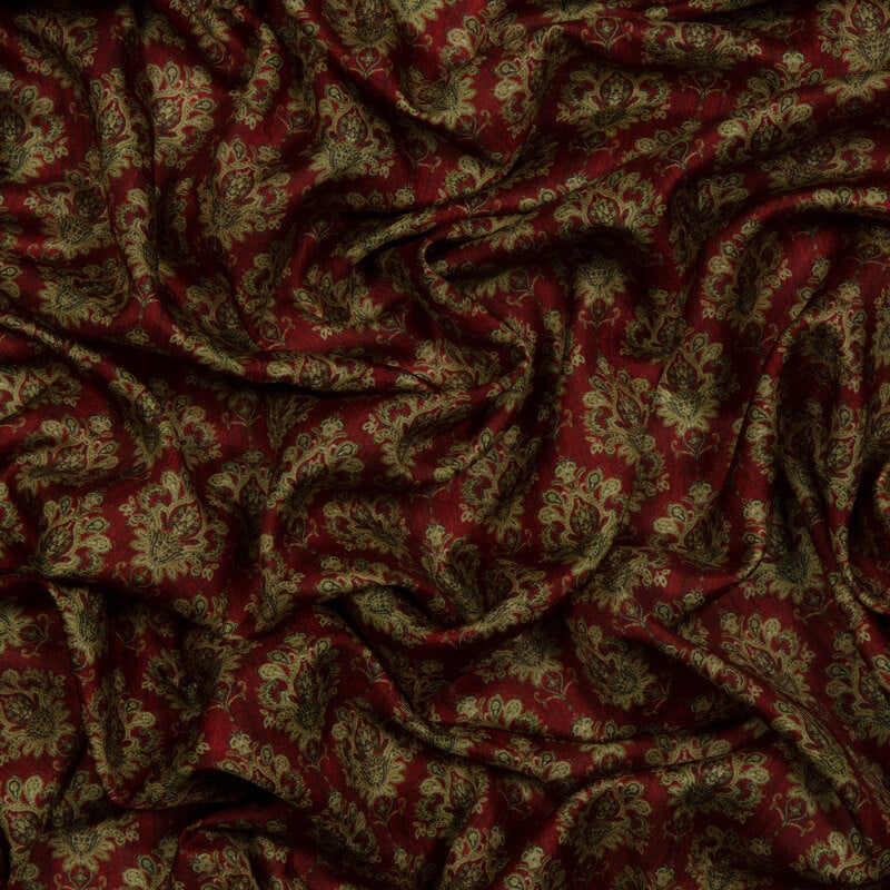 Red Tussar Poly Muslin Fabric With Ethnic Print