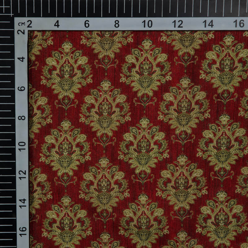 Red Tussar Poly Muslin Fabric With Ethnic Print