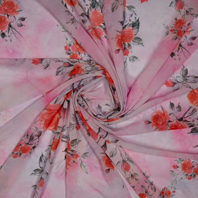 Lace Pink And Red Floral Pattern Digital Print Georgette Fabric