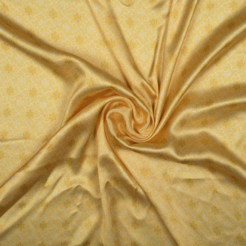 Mellow Yellow And White Trellis Pattern Digital Print Satin Fabric - Fabcurate
