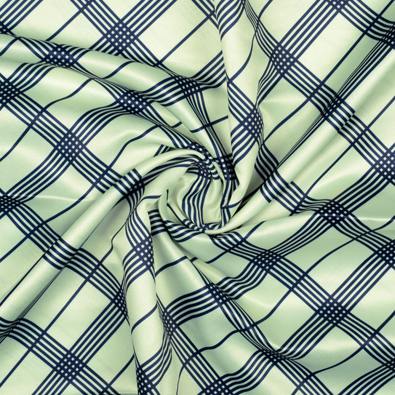 Lemon Yellow And Blue Checks Pattern Digital Print Satin Fabric