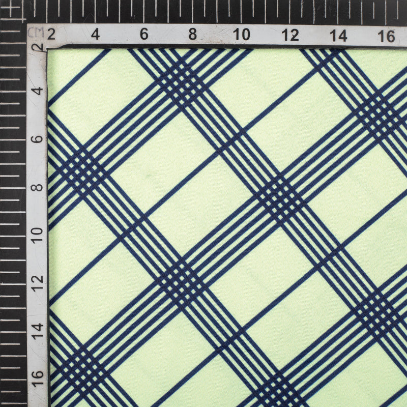 Lemon Yellow And Blue Checks Pattern Digital Print Satin Fabric