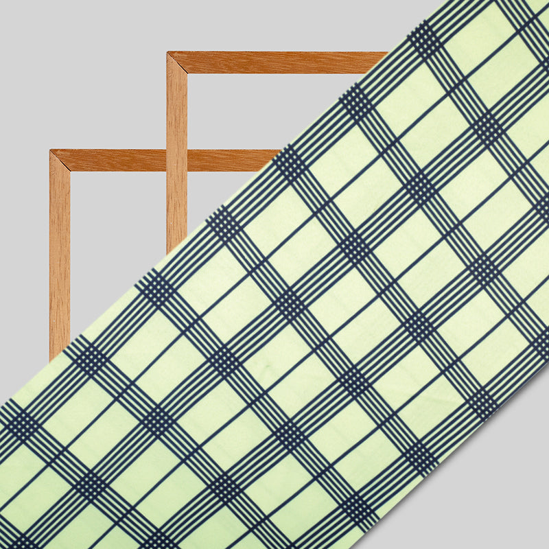 Lemon Yellow And Blue Checks Pattern Digital Print Satin Fabric