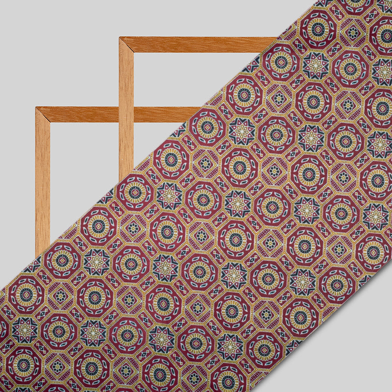 Marron And Beige Geometric Pattern Digital Print Satin Fabric (Width 56 Inches)