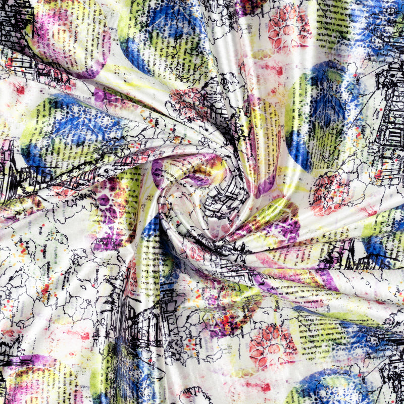 White And Blue Abstract Pattern Digital Print Heavy Satin Fabric