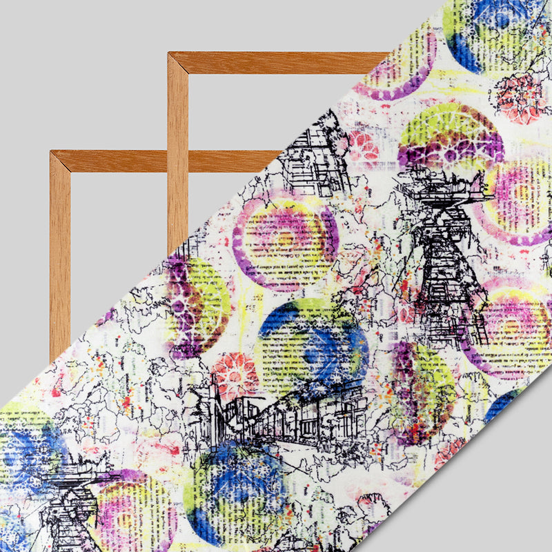 White And Blue Abstract Pattern Digital Print Heavy Satin Fabric