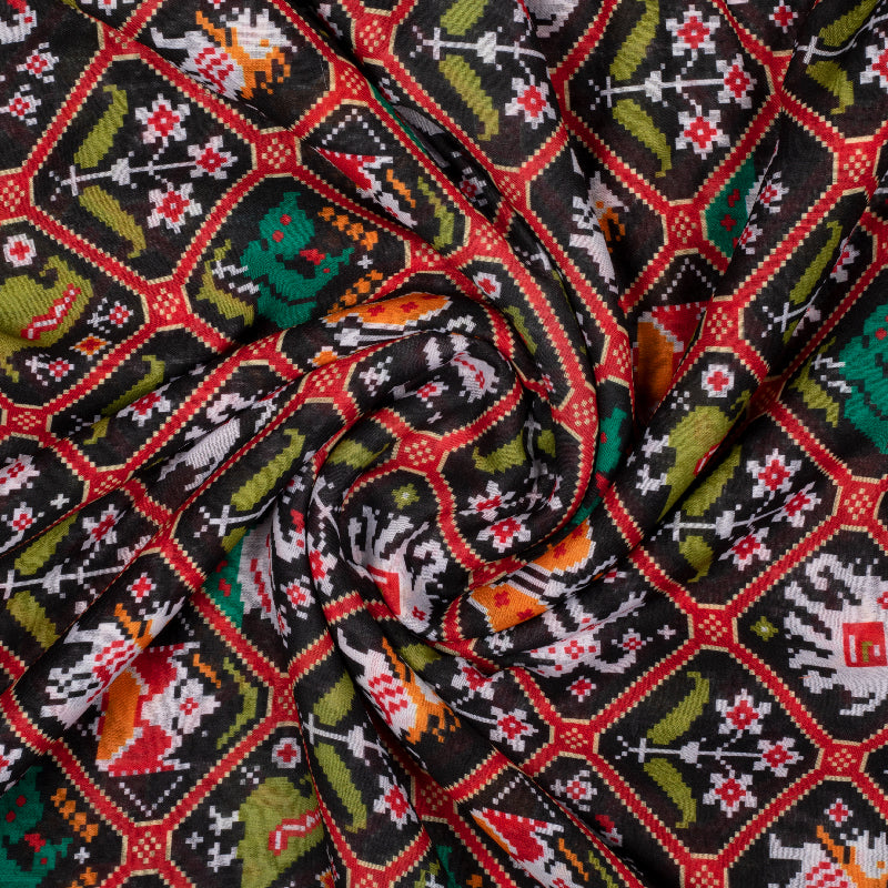Black And White Patola Pattern Digital Print Georgette Fabric