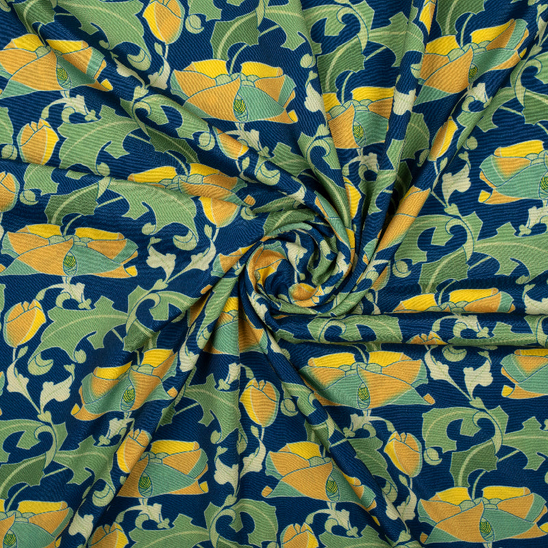 Blue And Apple Green Abstract Digital Print Crepe Fabric