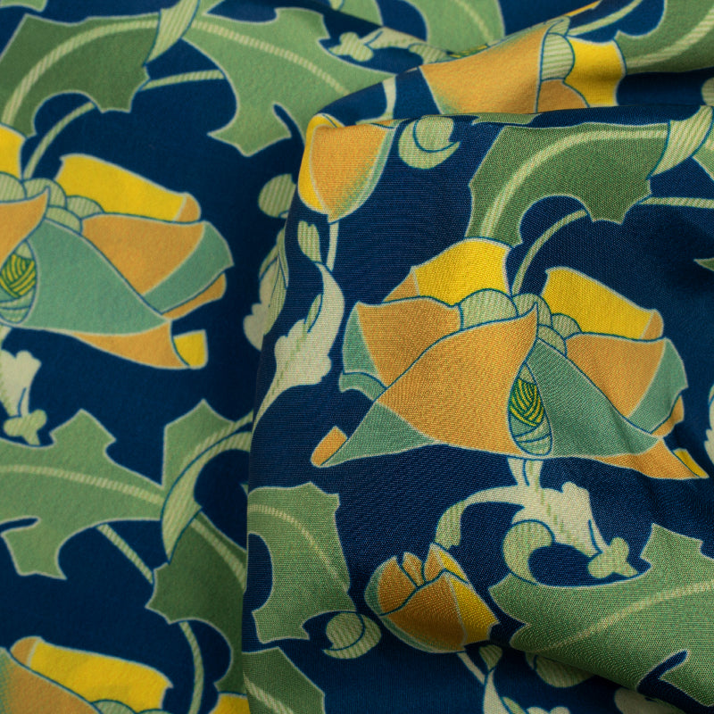 Blue And Apple Green Abstract Digital Print Crepe Fabric