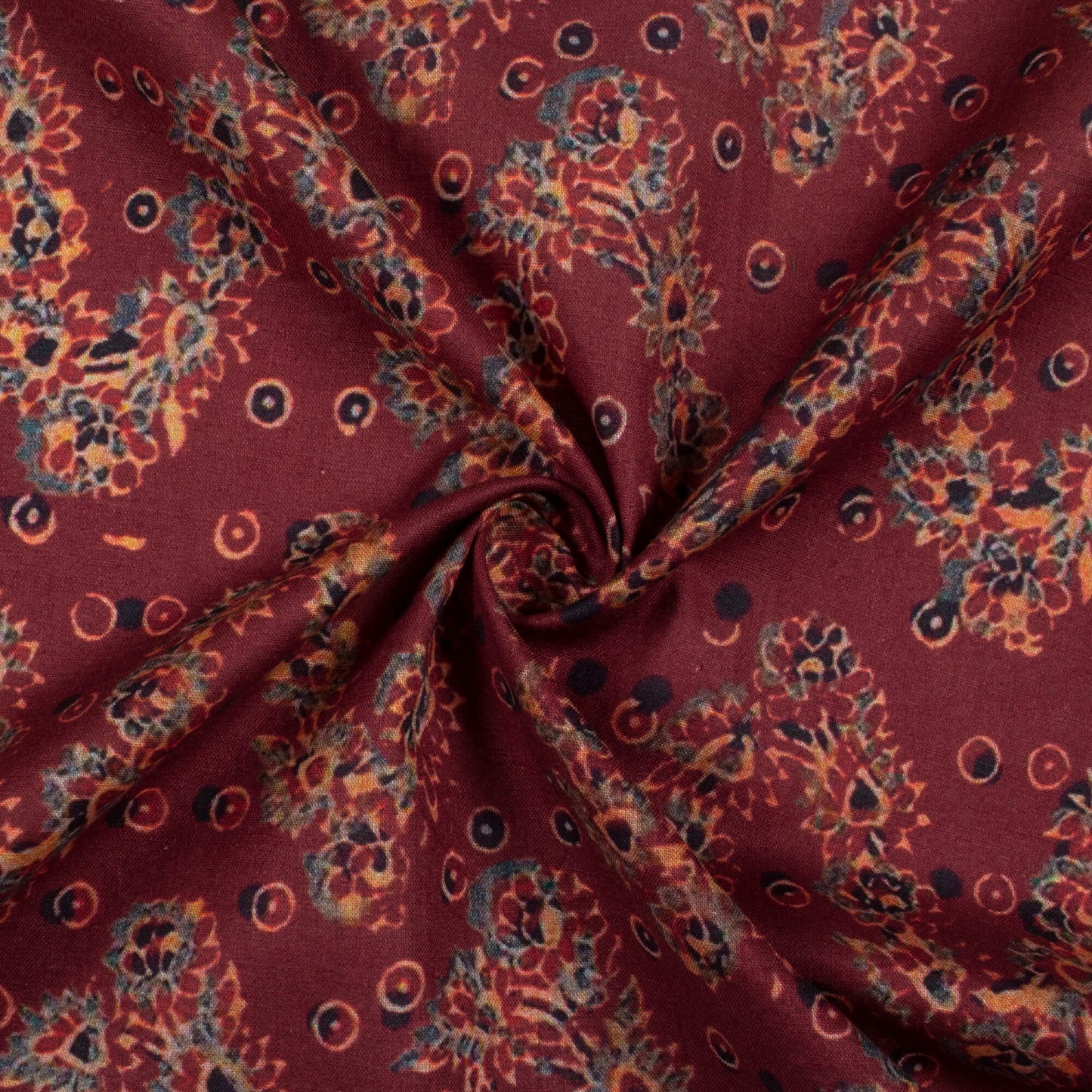 Maroon And Green Floral Pattern Digital Print Cotton Cambric Fabric