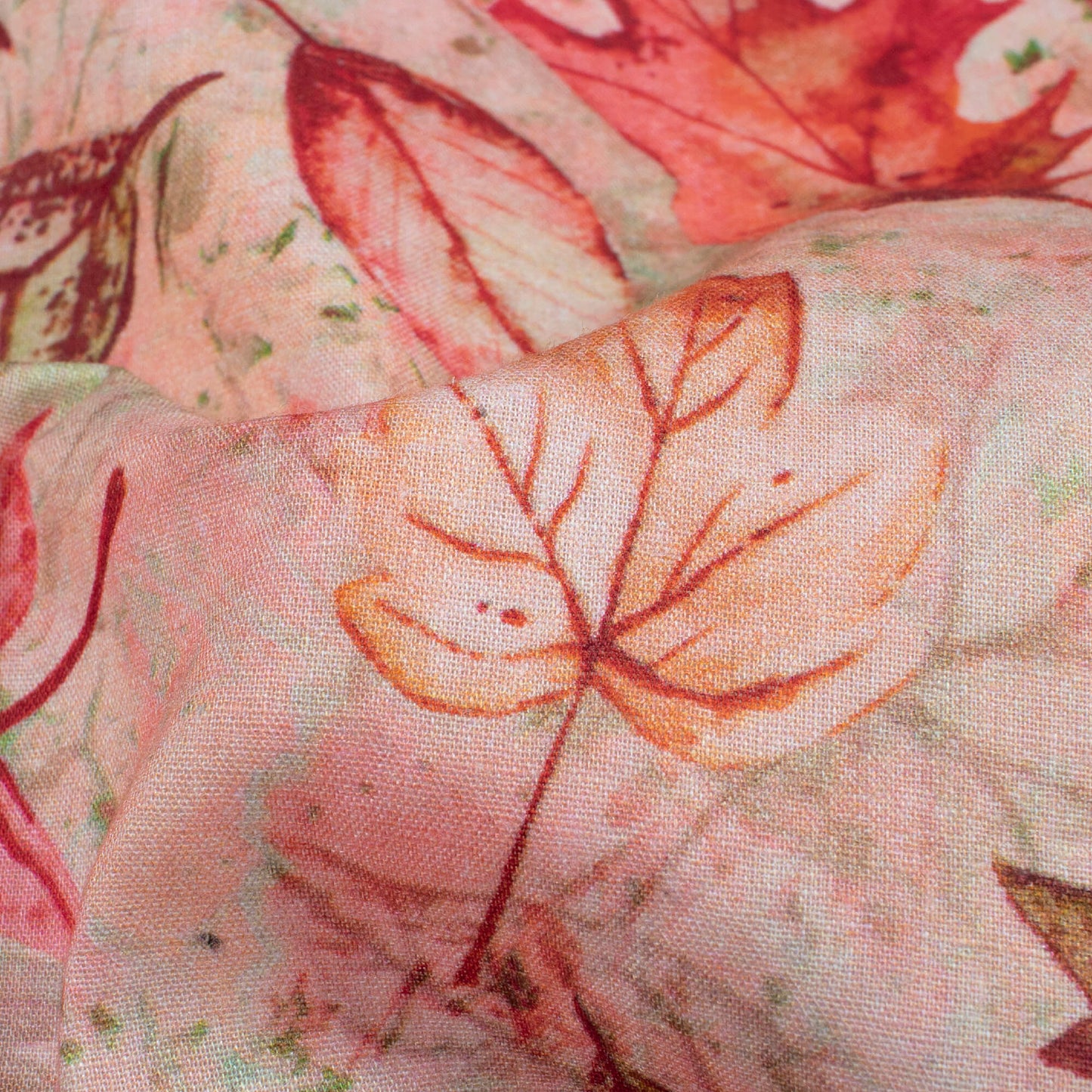 Salmon Pink And Green Leaf Pattern Digital Print Cotton Cambric Fabric