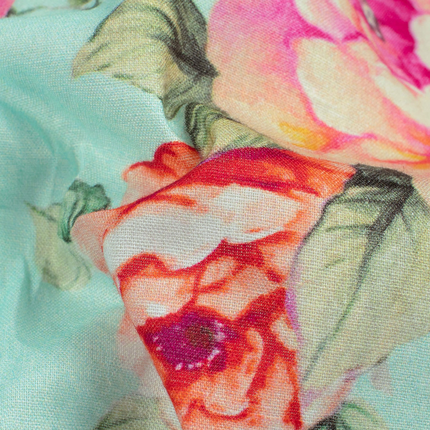 Tiffany Blue And Taffy Pink Floral Pattern Digital Print Cotton Cambric Fabric