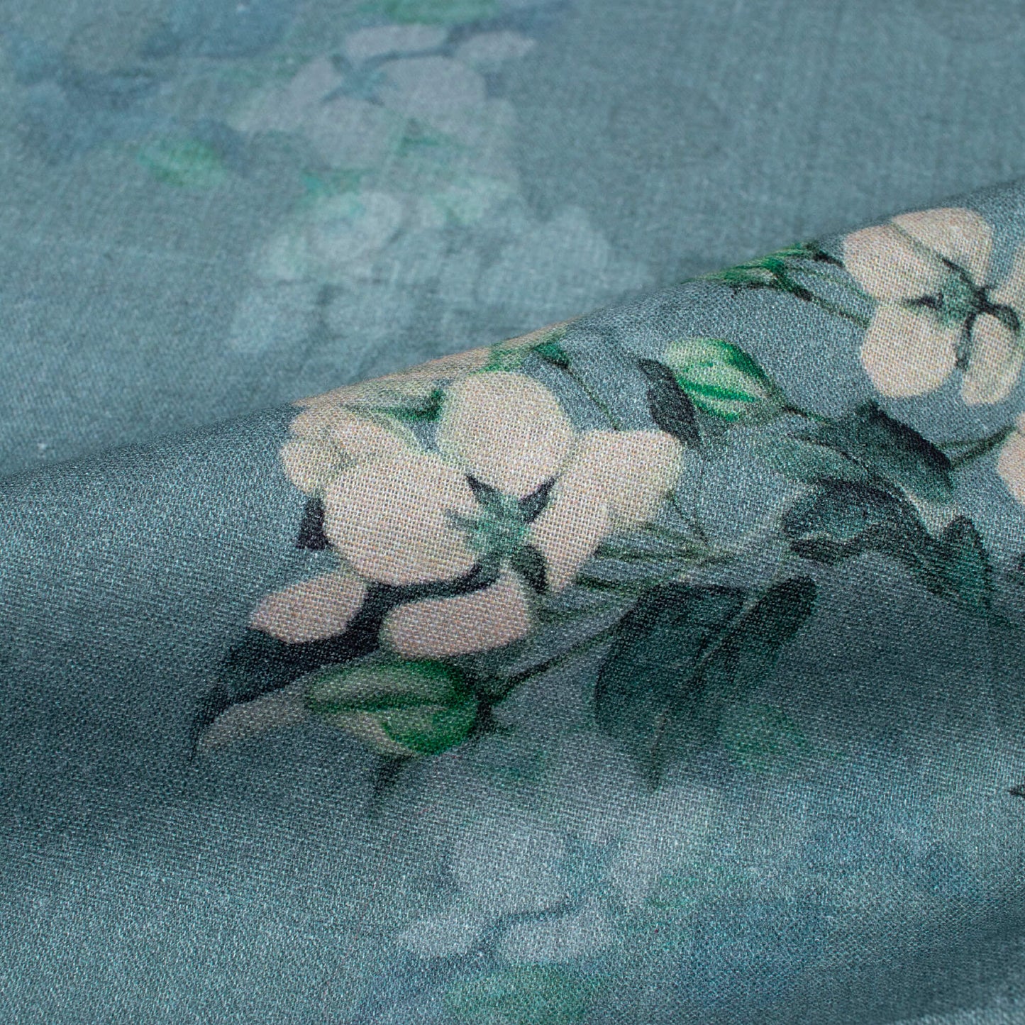 Slate Grey And Peach Floral Pattern Digital Print Cotton Cambric Fabric