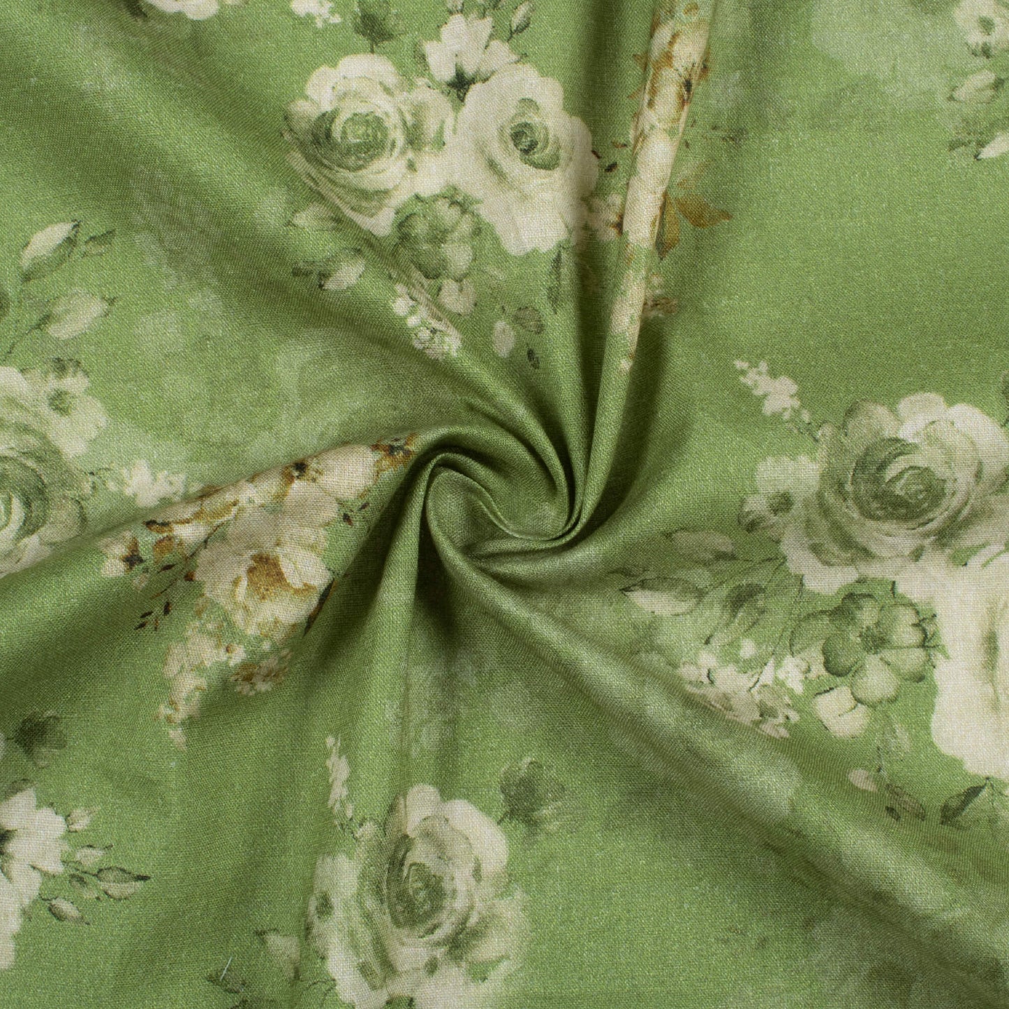 Pear Green And Peach Floral Pattern Digital Print Cotton Cambric Fabric