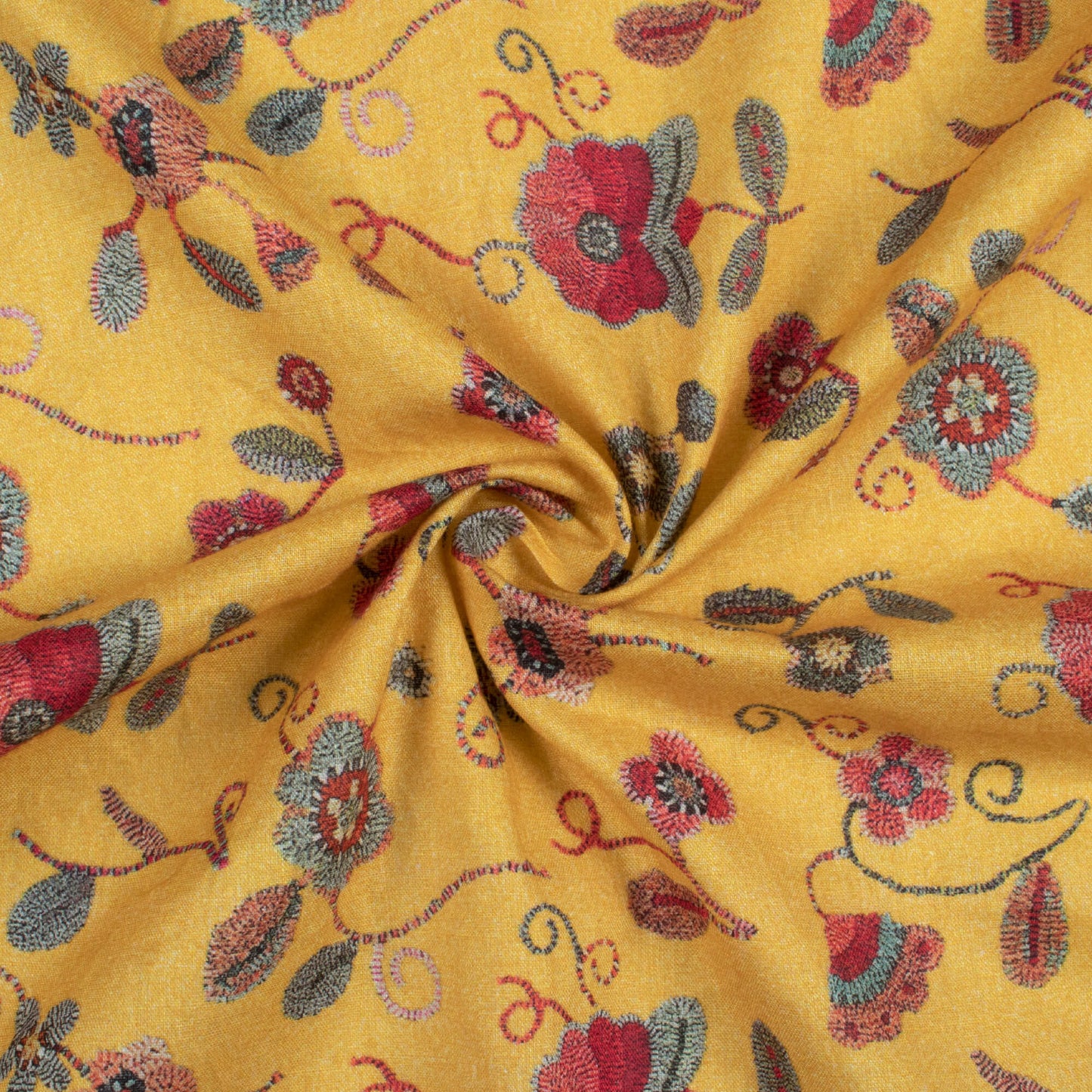 Ochre Yellow And Blood Red Floral Pattern Digital Print Cotton Cambric Fabric