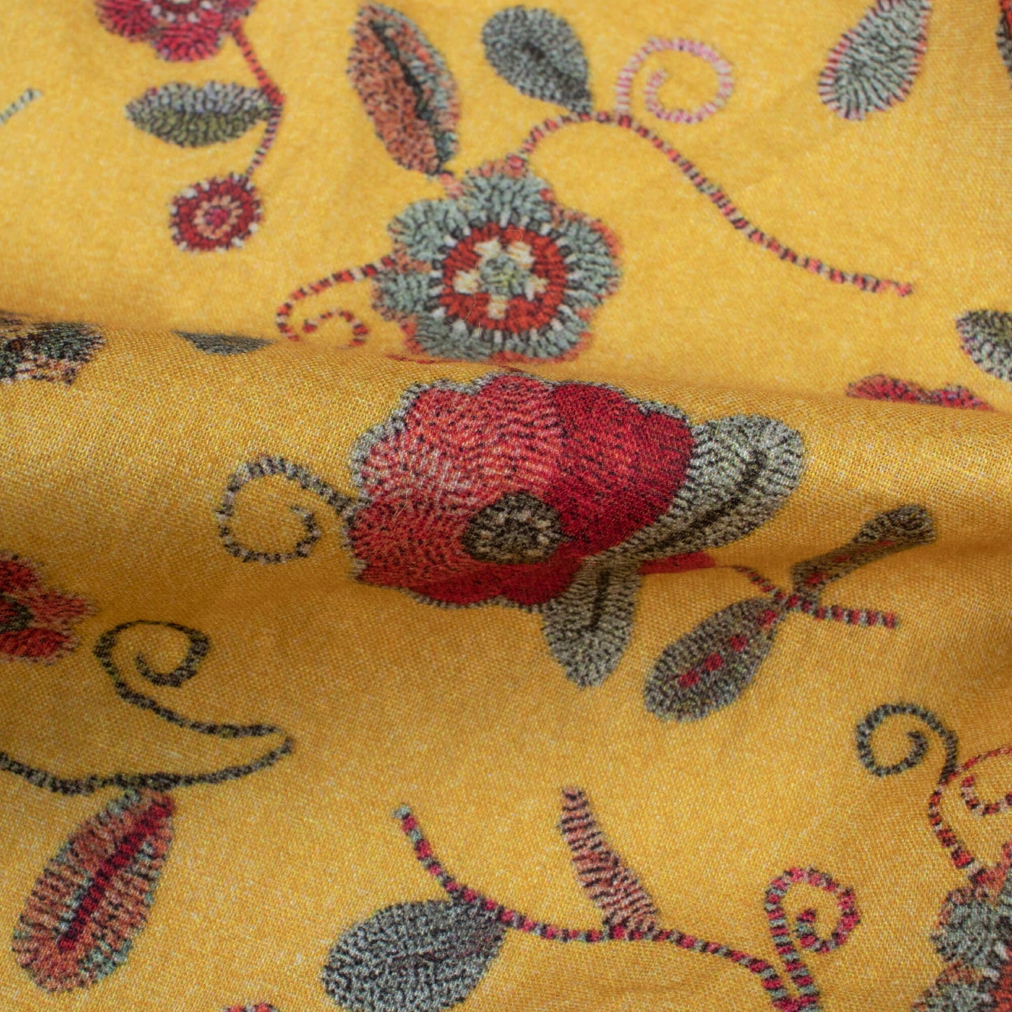 Ochre Yellow And Blood Red Floral Pattern Digital Print Cotton Cambric Fabric