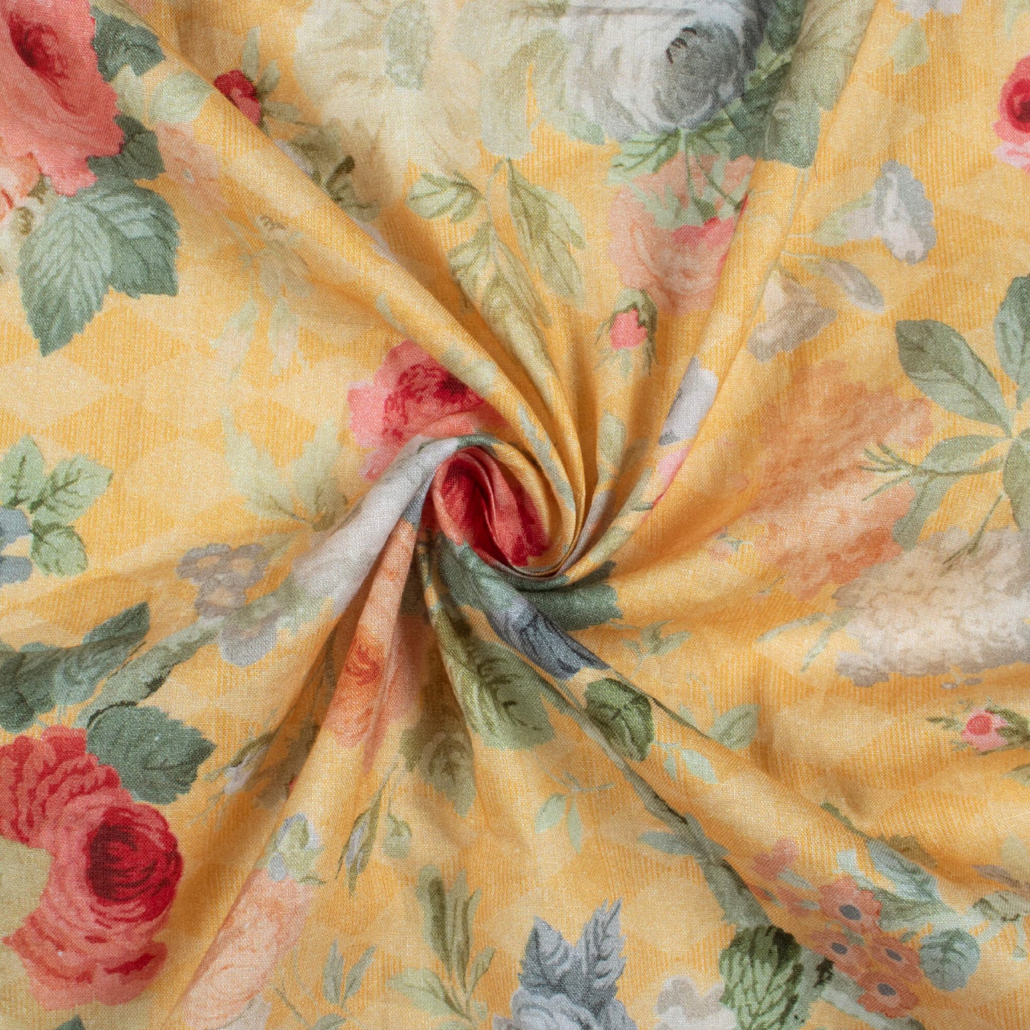 Royal Yellow And Blush Pink Floral Pattern Digital Print Cotton Cambric Fabric