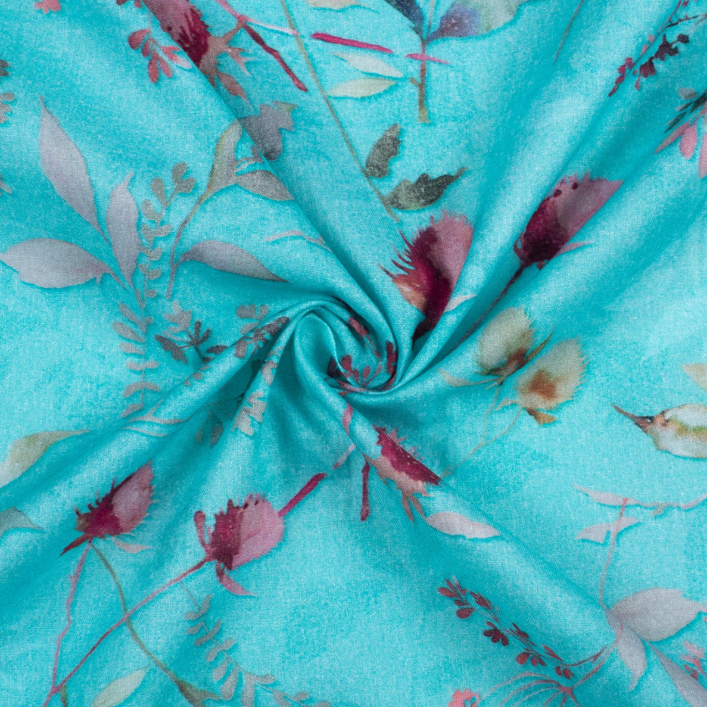 Cyan Blue And Blush Pink Floral Pattern Digital Print Cotton Cambric Fabric