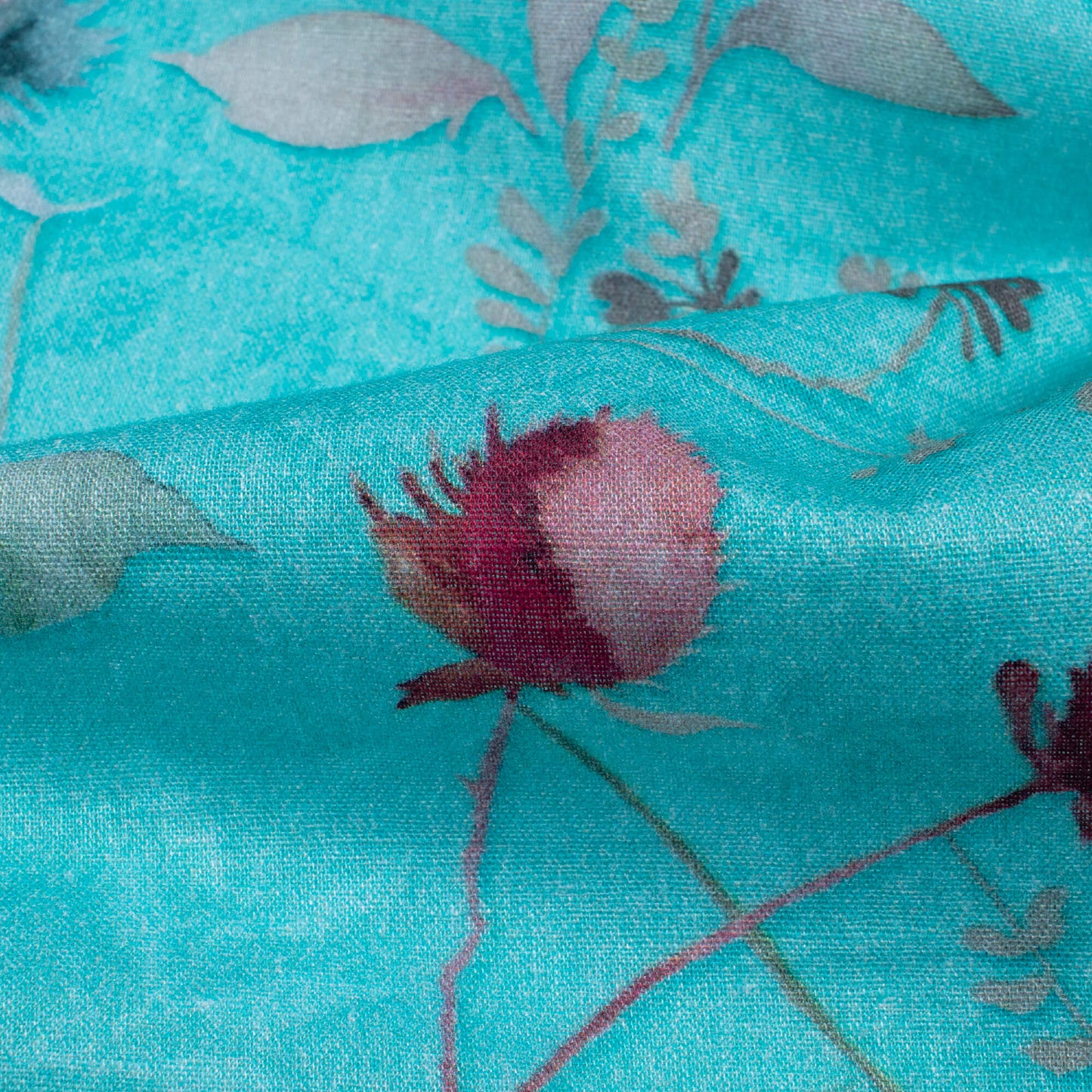 Cyan Blue And Blush Pink Floral Pattern Digital Print Cotton Cambric Fabric