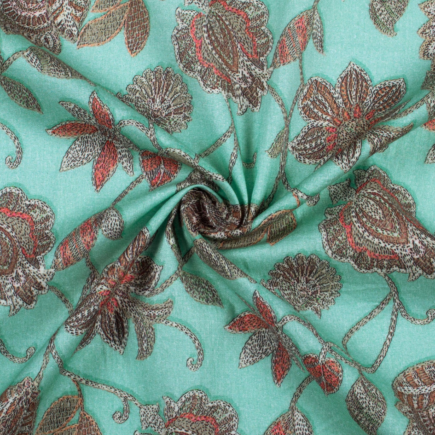 Tiffany Blue And Red Floral Pattern Digital Print Cotton Cambric Fabric