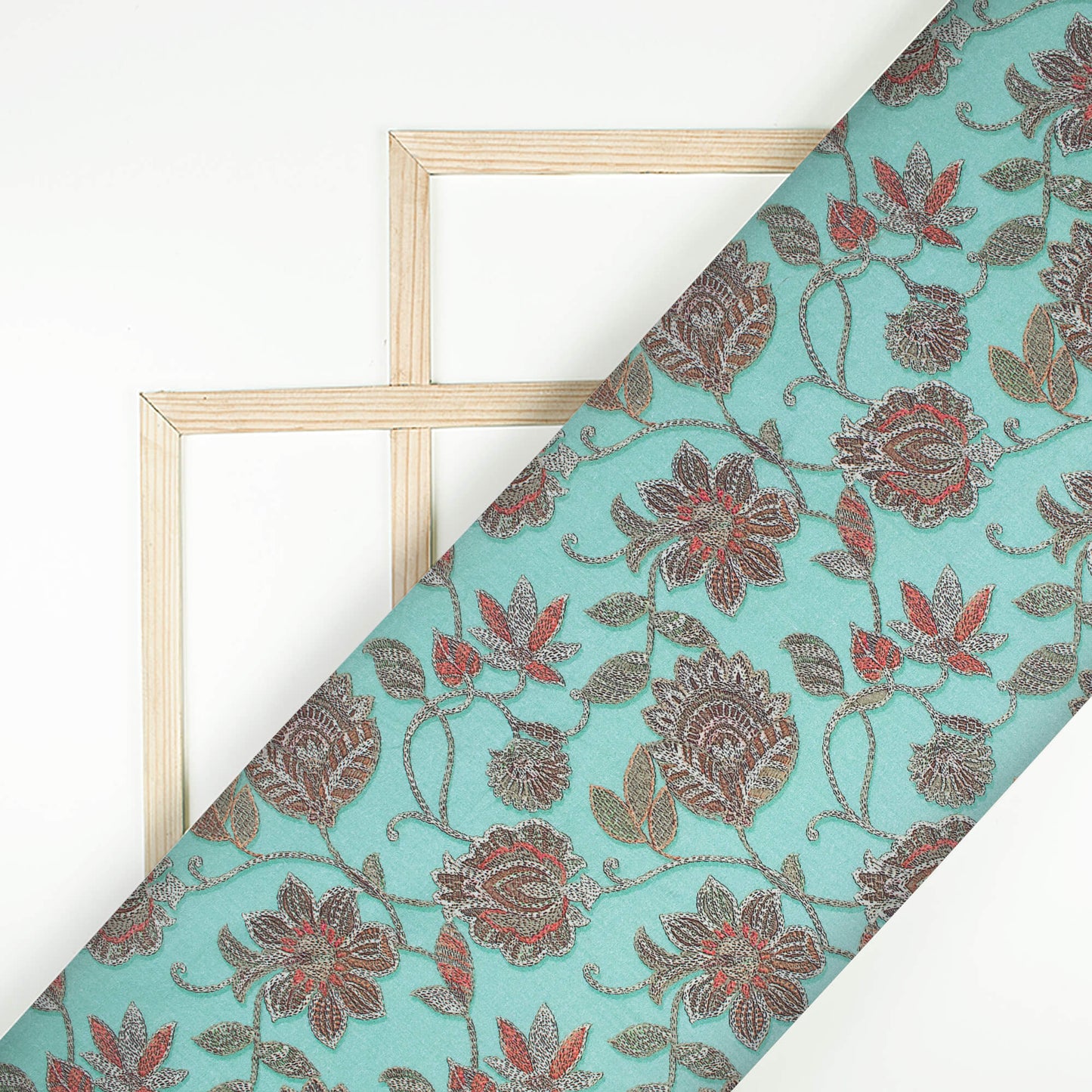 Tiffany Blue And Red Floral Pattern Digital Print Cotton Cambric Fabric