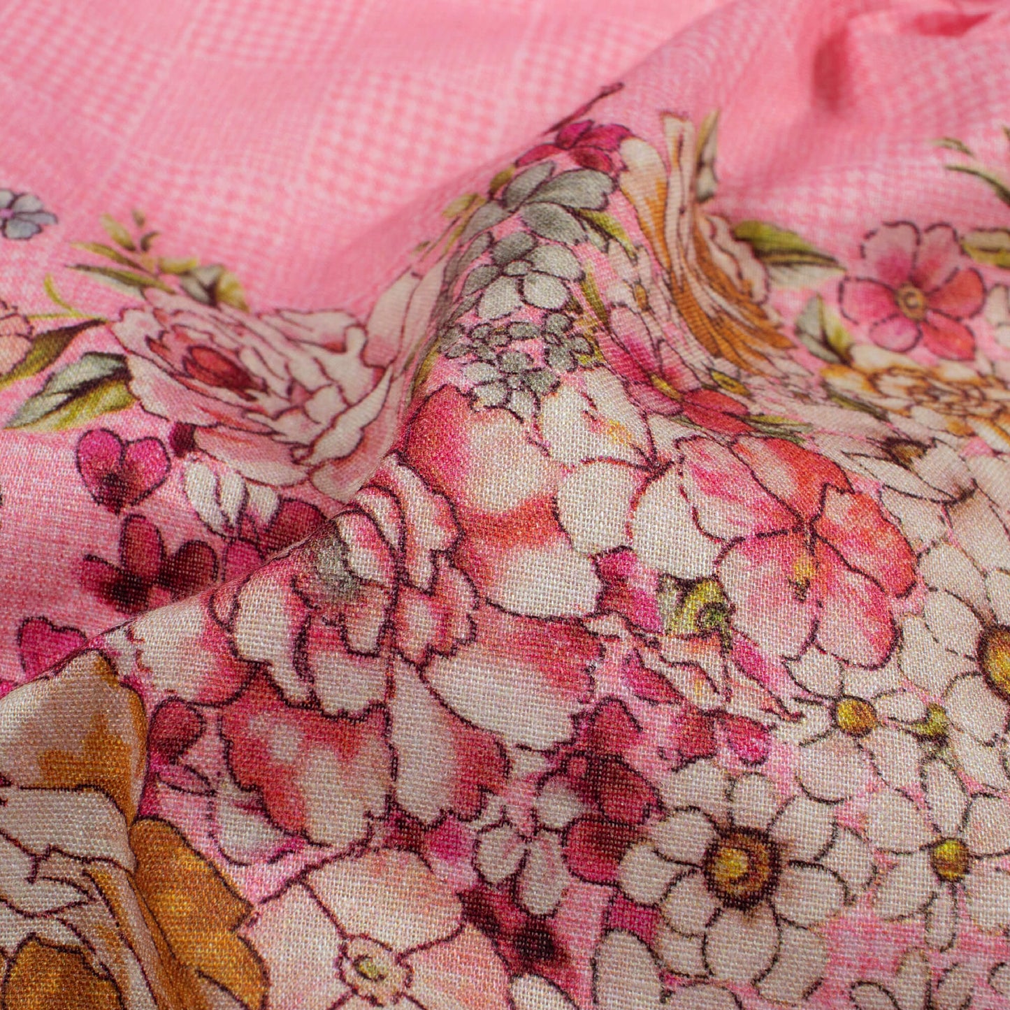 Taffy Pink And Peach Floral Pattern Digital Print Cotton Cambric Fabric