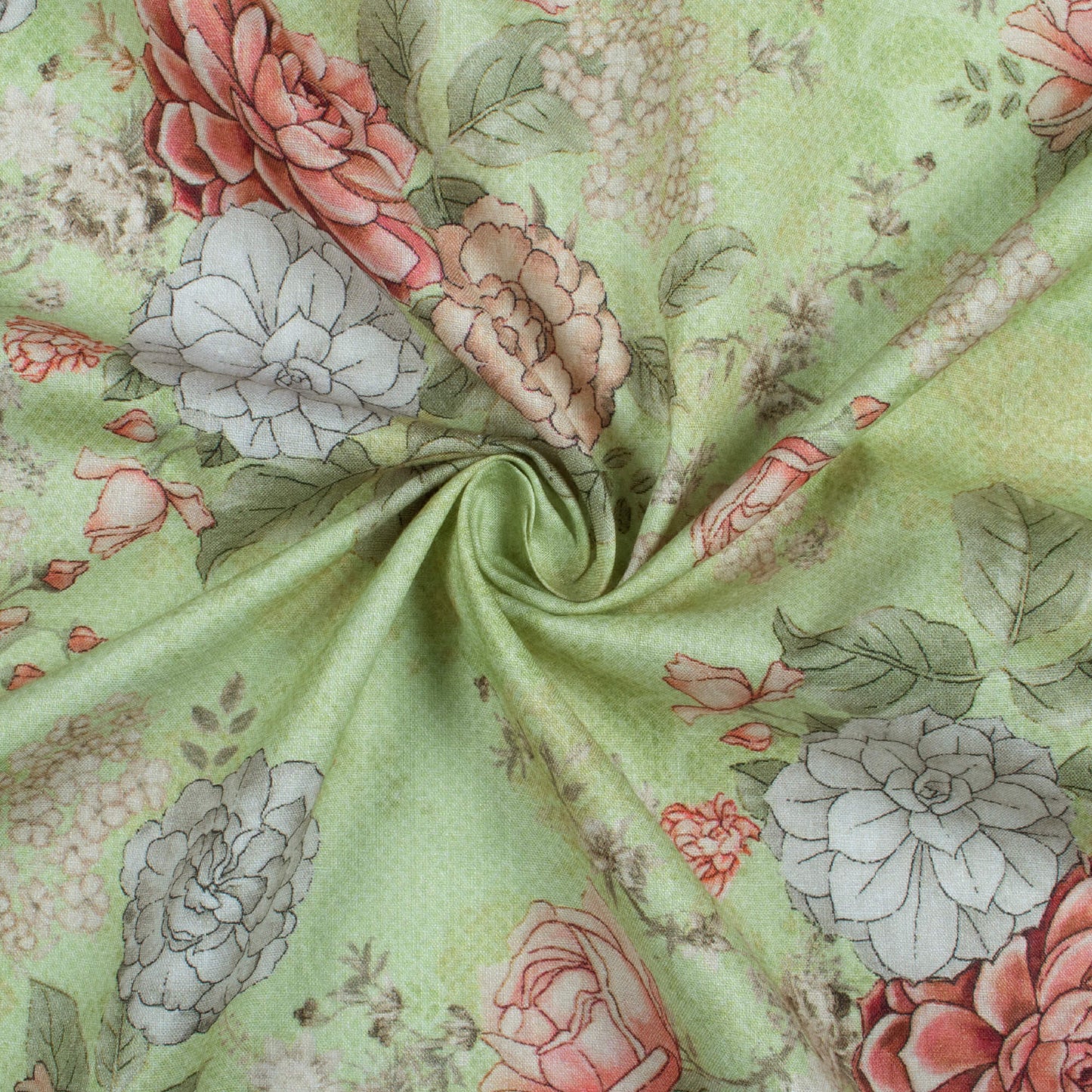 Pistachio Green And Grey Floral Pattern Digital Print Cotton Cambric Fabric