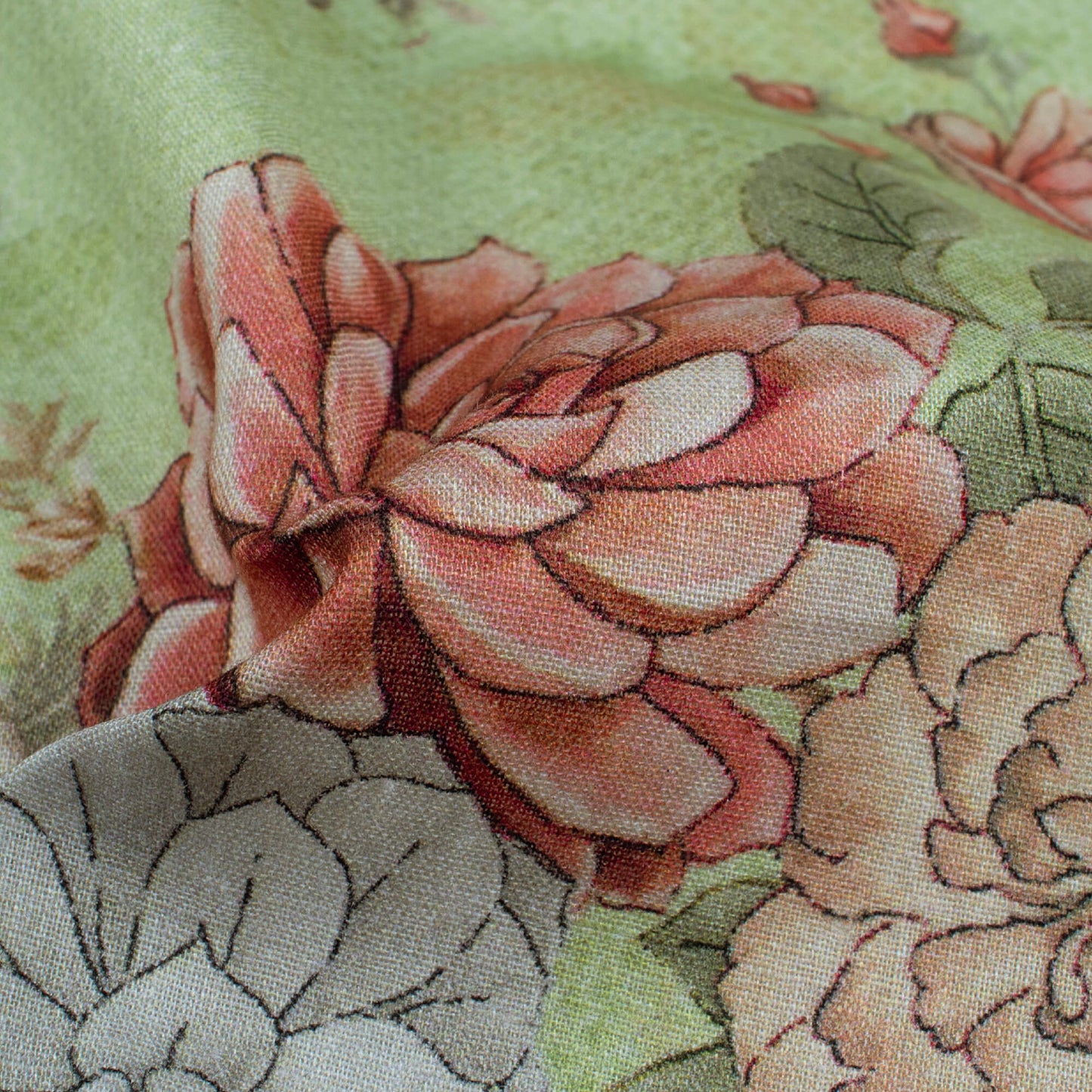 Pistachio Green And Grey Floral Pattern Digital Print Cotton Cambric Fabric