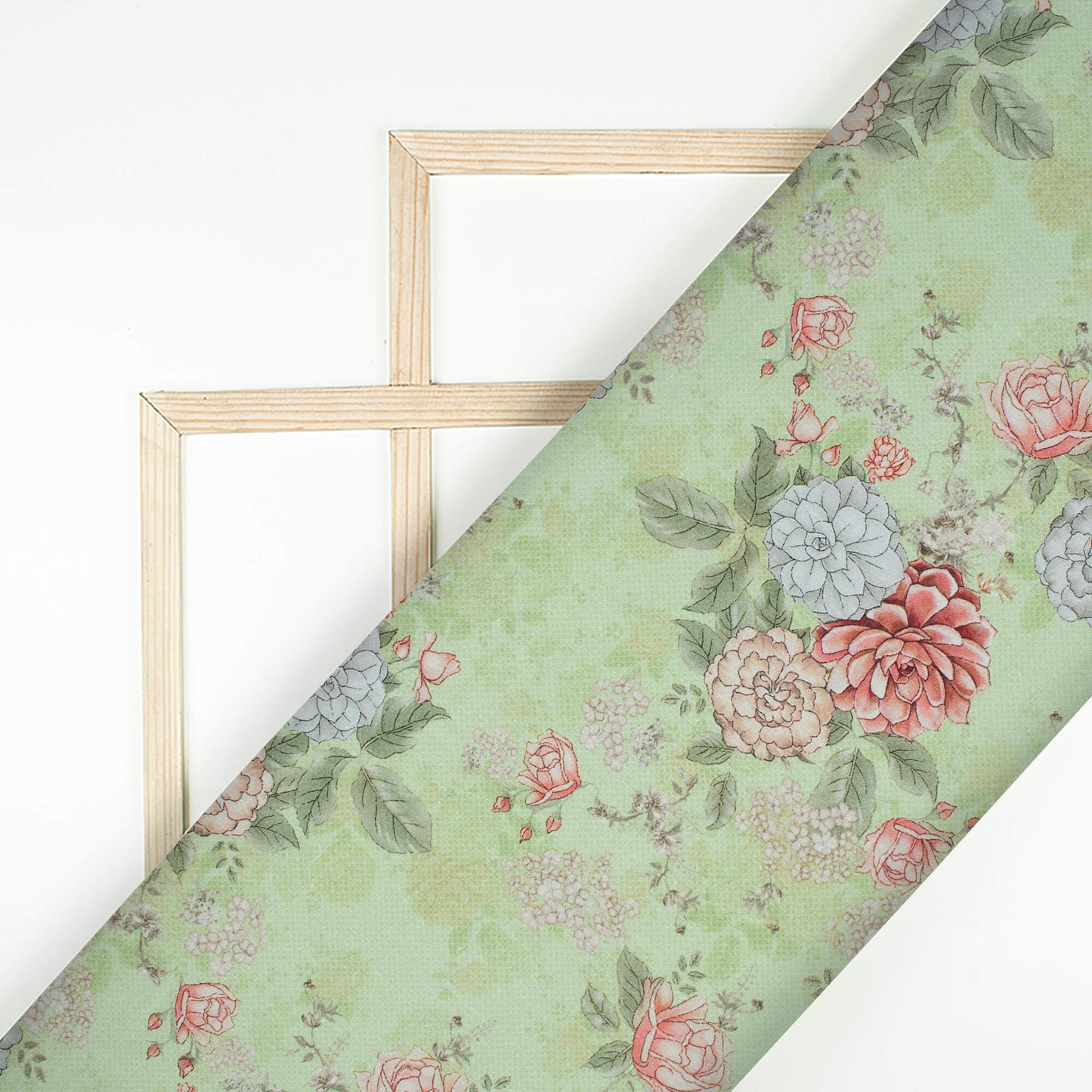 Pistachio Green And Grey Floral Pattern Digital Print Cotton Cambric Fabric