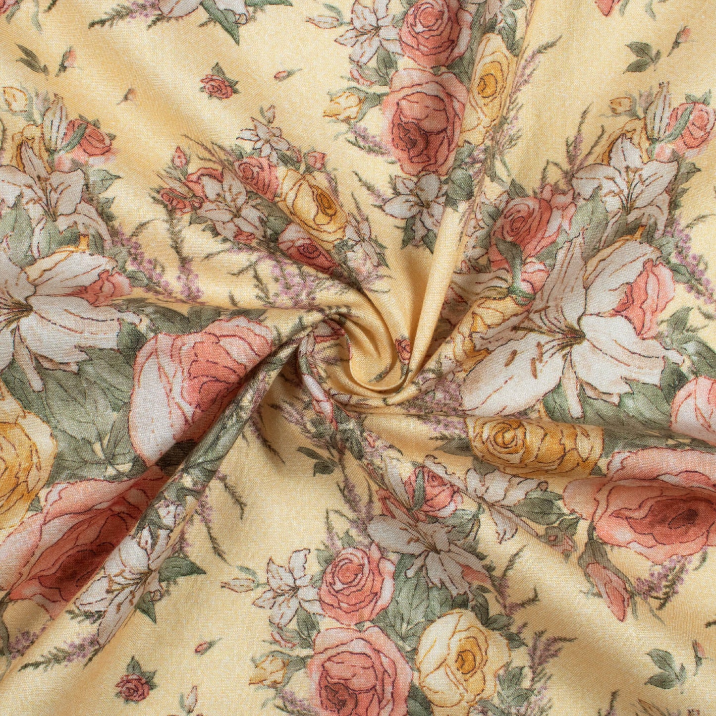 Pale Yellow And Peach Floral Pattern Digital Print Cotton Cambric Fabric