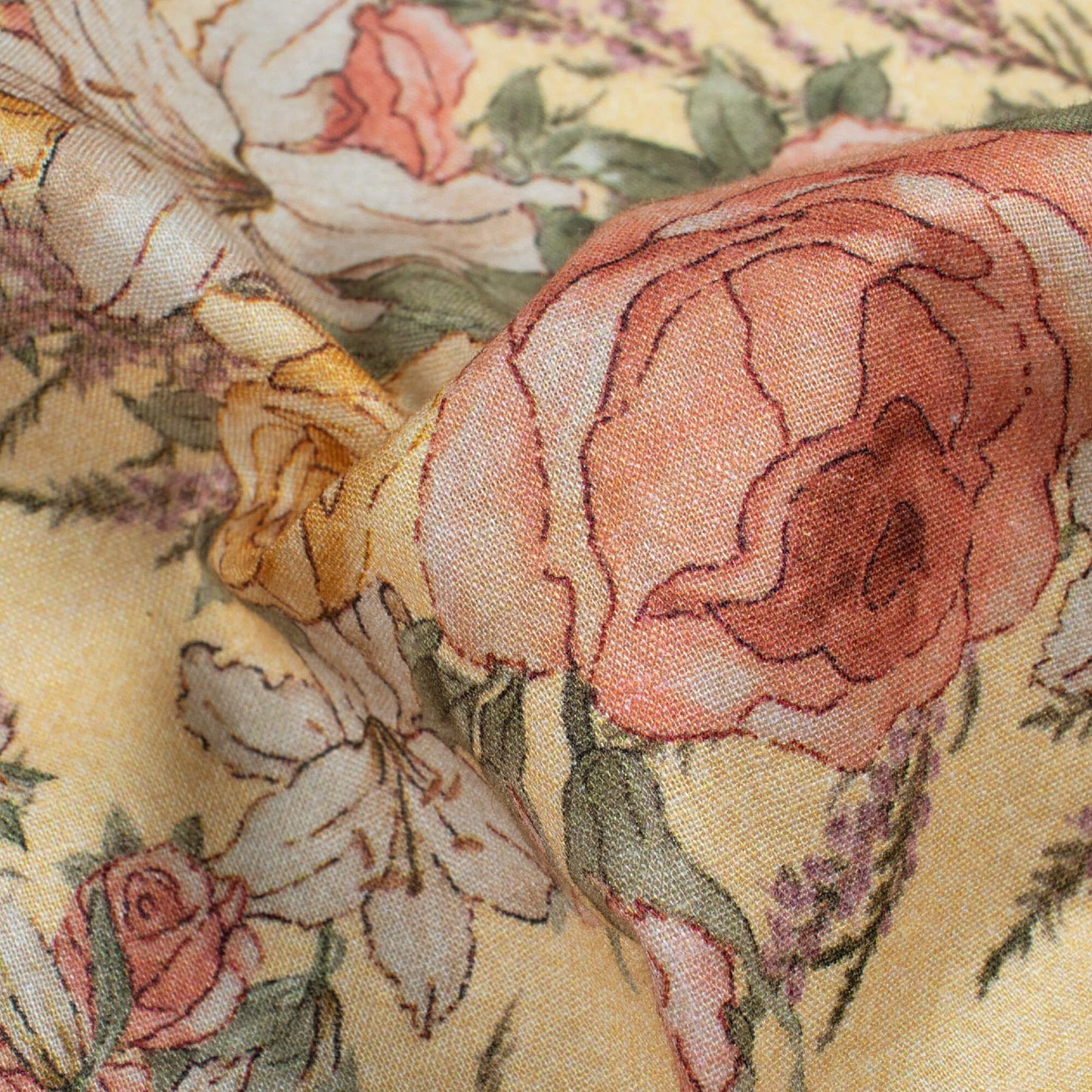 Pale Yellow And Peach Floral Pattern Digital Print Cotton Cambric Fabric
