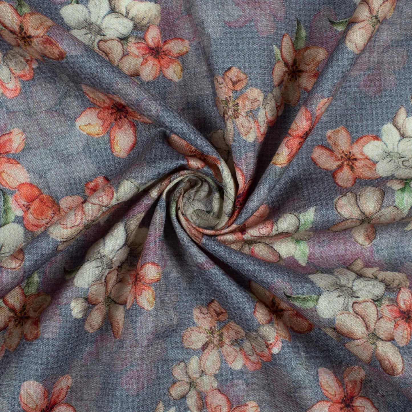 Air Force Blue And Cherry Red Floral Pattern Digital Print Cotton Cambric Fabric