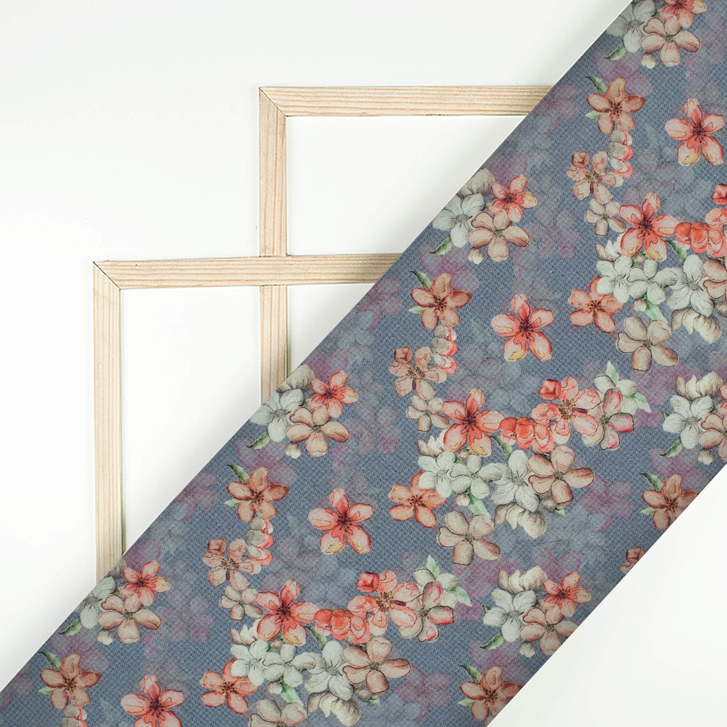 Air Force Blue And Cherry Red Floral Pattern Digital Print Cotton Cambric Fabric