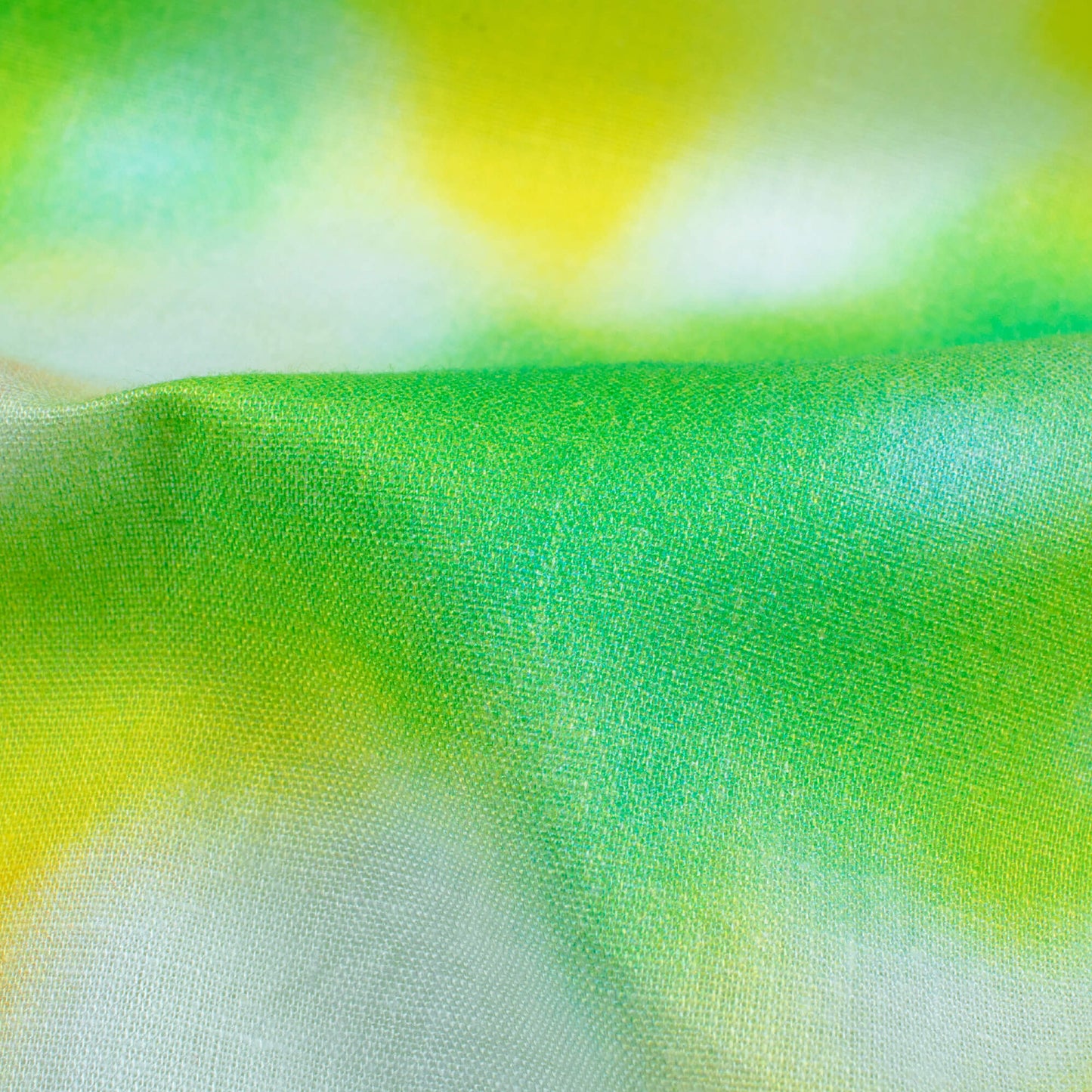White And Pear Green Tye And Dye Pattern Digital Print Cotton Cambric Fabric