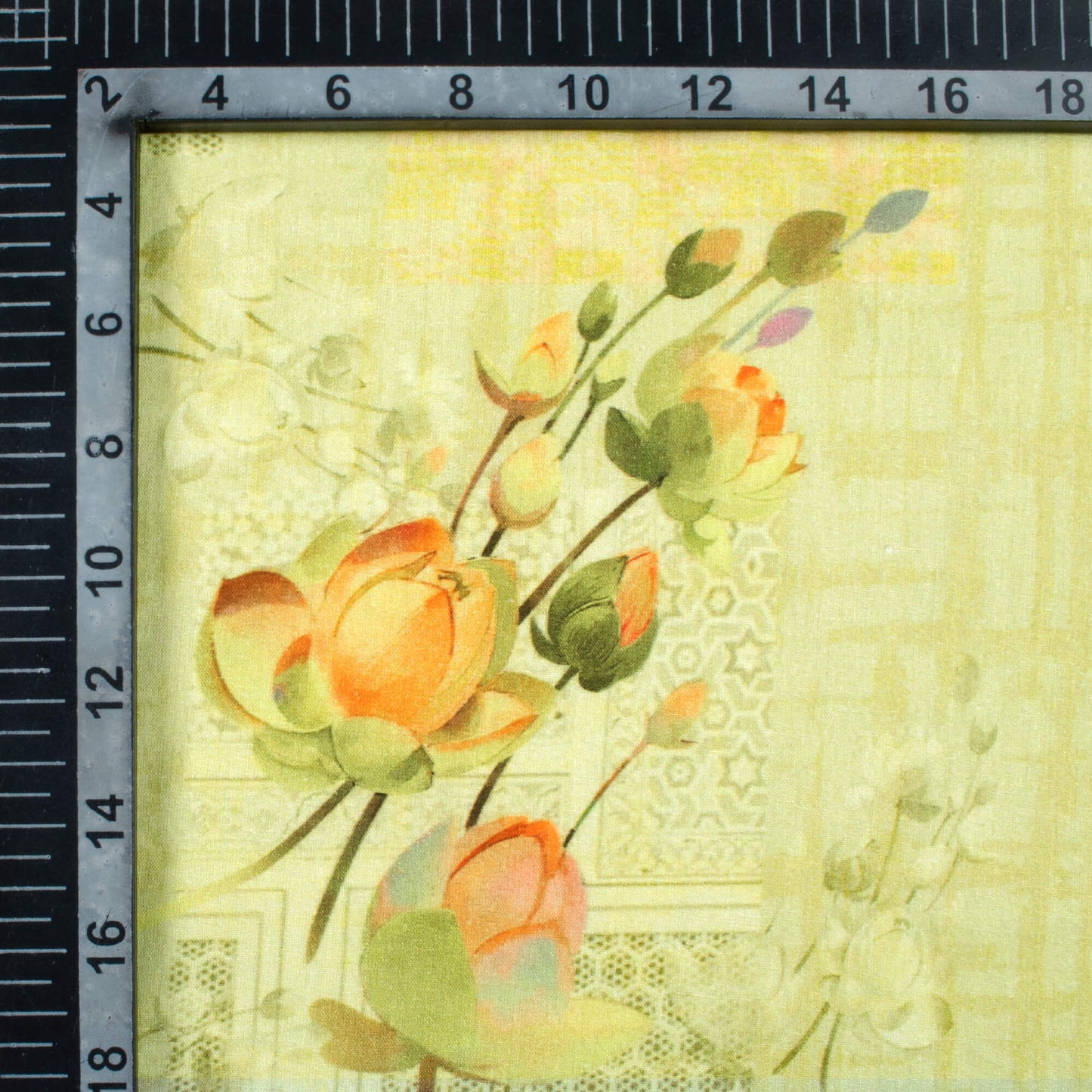 Tea Green And Pastel Yellow Floral Pattern Digital Print Cotton Cambric Fabric