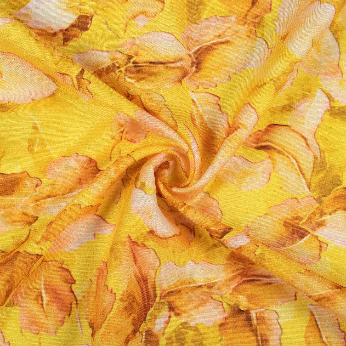 Bright Yellow And Brown Leaf Pattern Digital Print Muslin Fabric