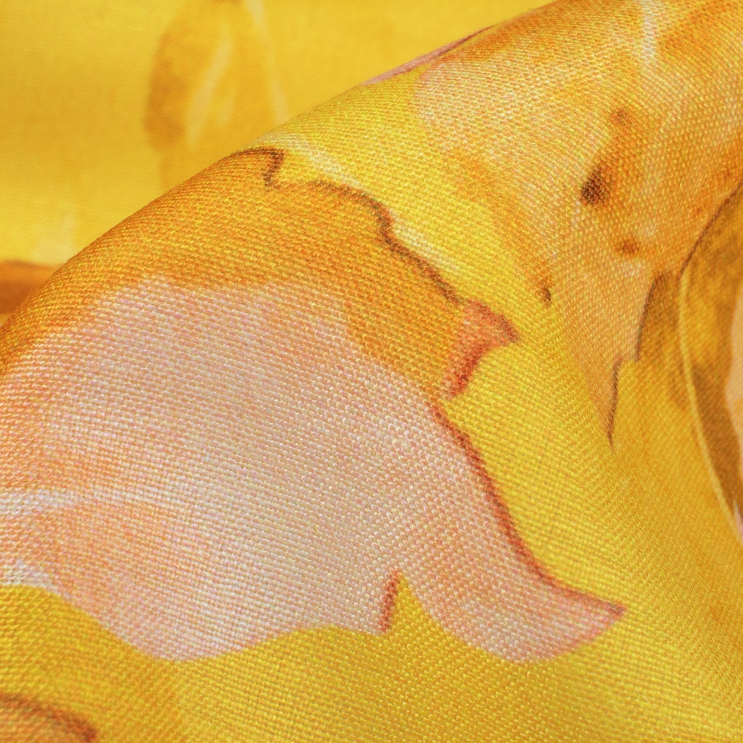 Bright Yellow And Brown Leaf Pattern Digital Print Muslin Fabric